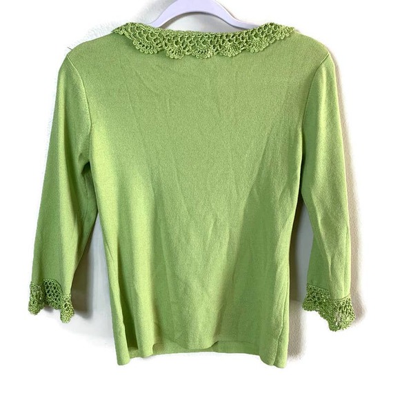 J.A.C. by Joseph A Crochet Trim 3/4 Sleeve Knit Sweater Size M Lime Green - Picture 2 of 6